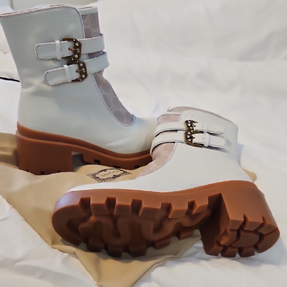 Gucci White and Brown Combat Boots